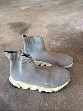 Balenciaga Grey Knit Sock Sneakers with Green Accents